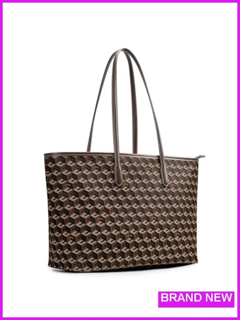 Large PU Leather Cube Tote Bag with Monogram Print, Top Handle, Weekender